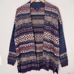 Chaps Women’s Medium‎ Knit Sweater Cardigan Aztec Boho Open Front Blue Cozy